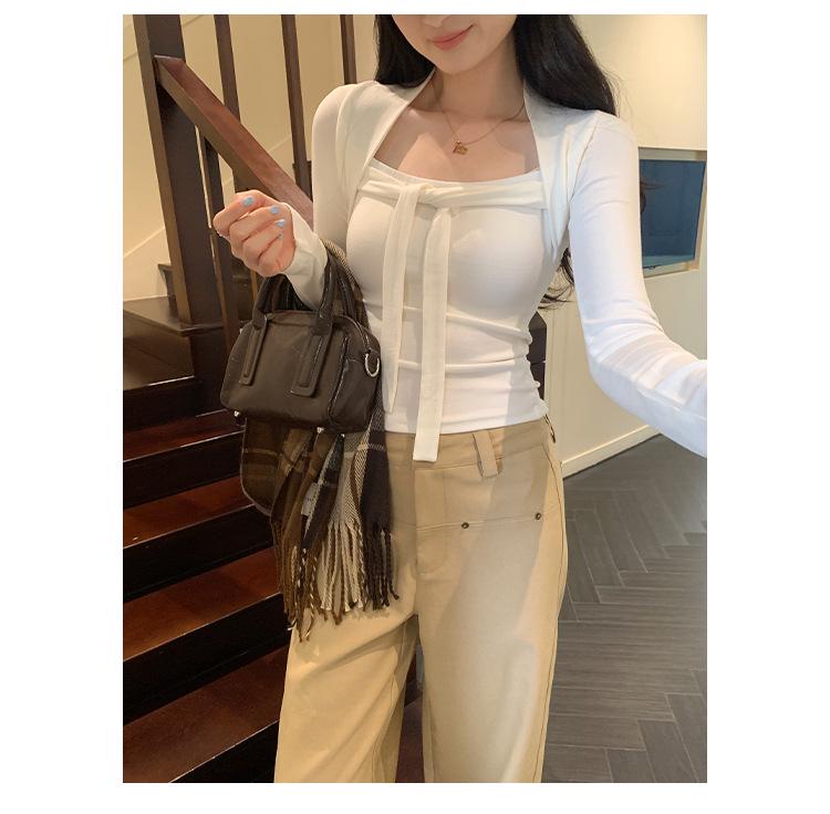 Chic Square Neck Lace-Up Slim Fit Short Top for Women - Autumn/Winter Fashion