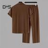 2 шт./комплект мужской повседневный наряд однобортная рубашка с лацканами короткий рукав эластичный пояс длинные брюки комплект однотонный наряд
