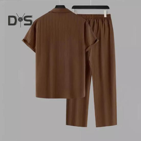 2 шт./комплект мужской повседневный наряд однобортная рубашка с лацканами короткий рукав эластичный пояс длинные брюки комплект однотонный наряд