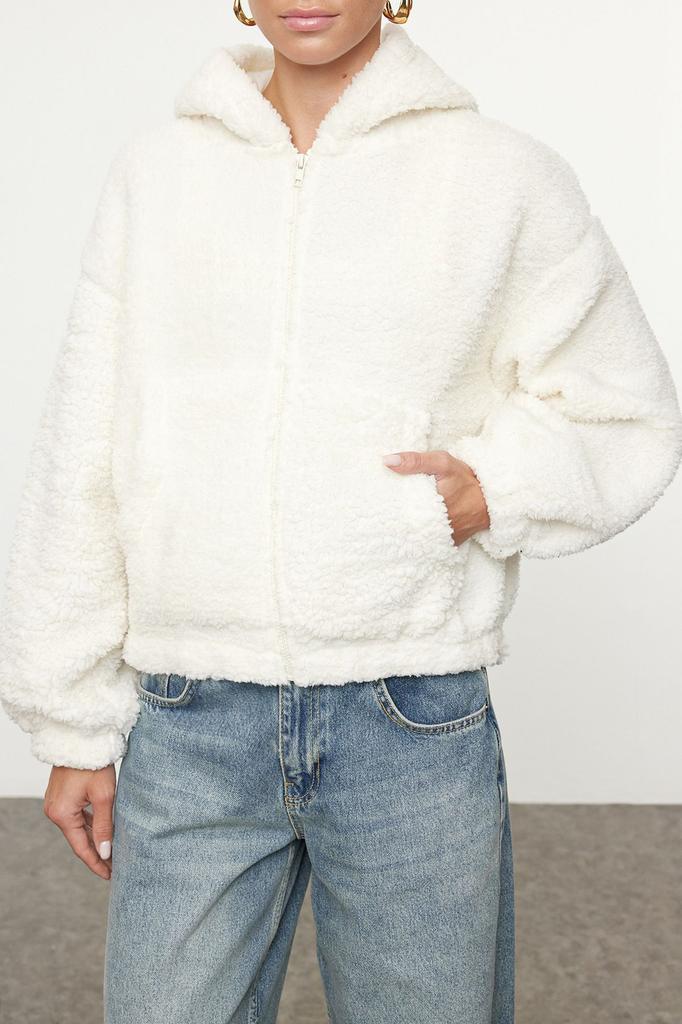 Женская модная стильная толстовка цвета экрю, плюшевая, стандартного кроя, с капюшоном на молнии, толстая вязаная толстовка