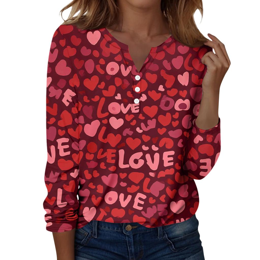 Женская футболка с рождественским принтом на пуговицах с длинным рукавом, повседневная, выходного дня, модная, базовая, с V-образным вырезом, обычная