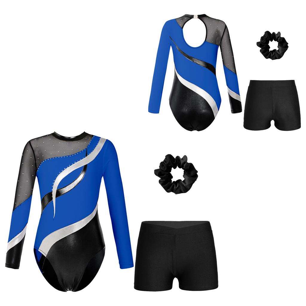 Девочки Дети Блестки Металлический Гимнастический Купальник с Шортами Танцевальный Комбинезон Бикетард Одежда Для Танцев