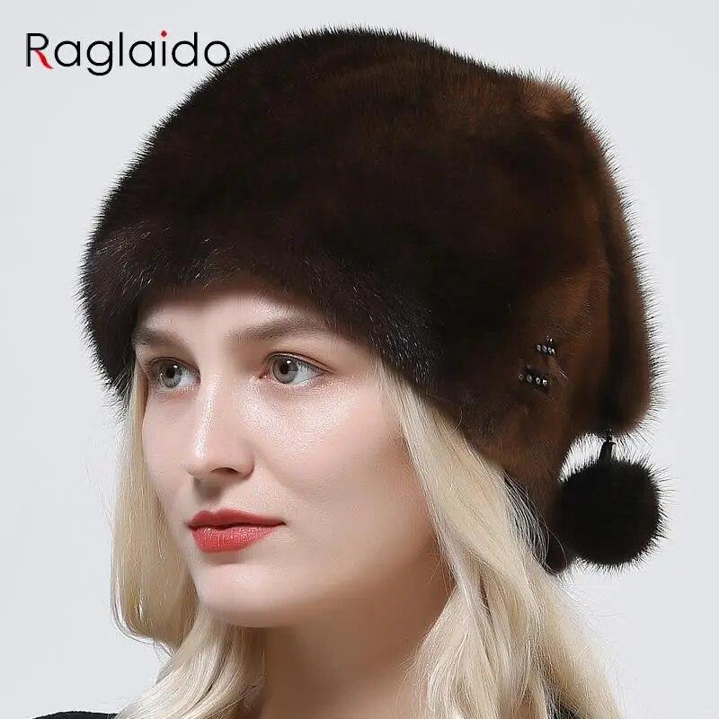 High Quality Real Mink Fur Hat Luxury Women Elegant Whole Skin Geniune Fur Hat Full Pelt 3 Balls Diamond Tail Hat Warm Snow Caps