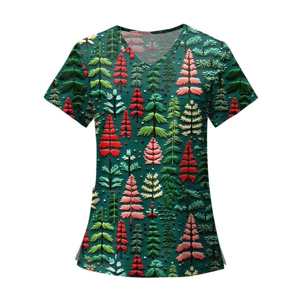 Женские модные топы с короткими рукавами и V-образным вырезом с принтом, рабочие футболки с карманами