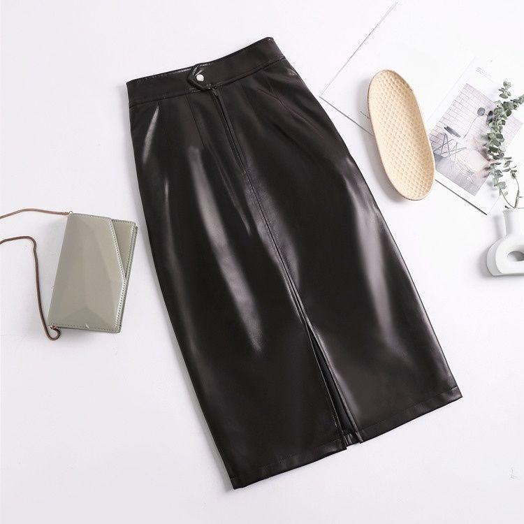 Элегантная юбка из кожи с высокой талией и разрезом на весну для женского сезонного наряда