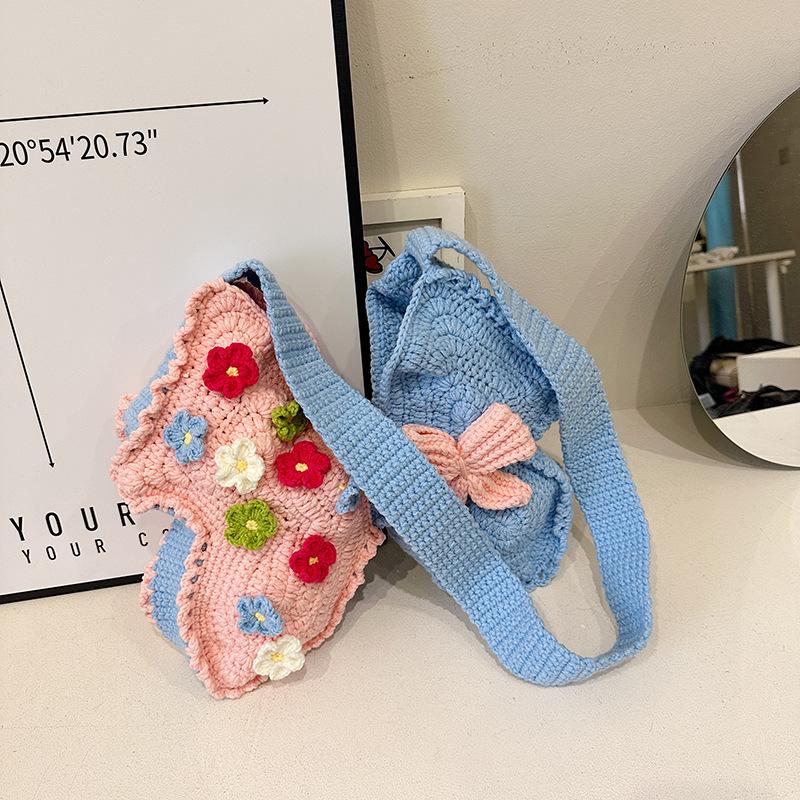 Handmade Crochet Butterfly Crossbody Bag Knitted Cartoon Shoulder Bag Contrast Color Design Trendy Women Y2k Style Soft Handbag