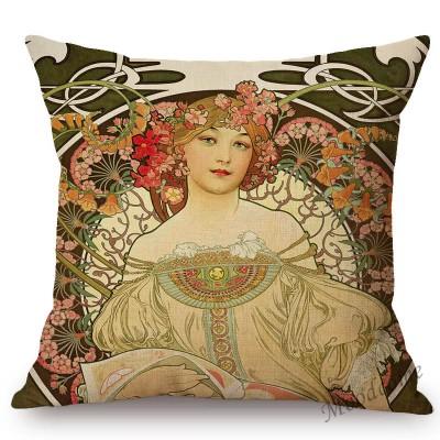 Vintage European Art Nouveau Mucha Gallery Decorative Sofa Pillow Cover Beautiful Beauty Girl Cotton Linen Luxury Cushion Cover