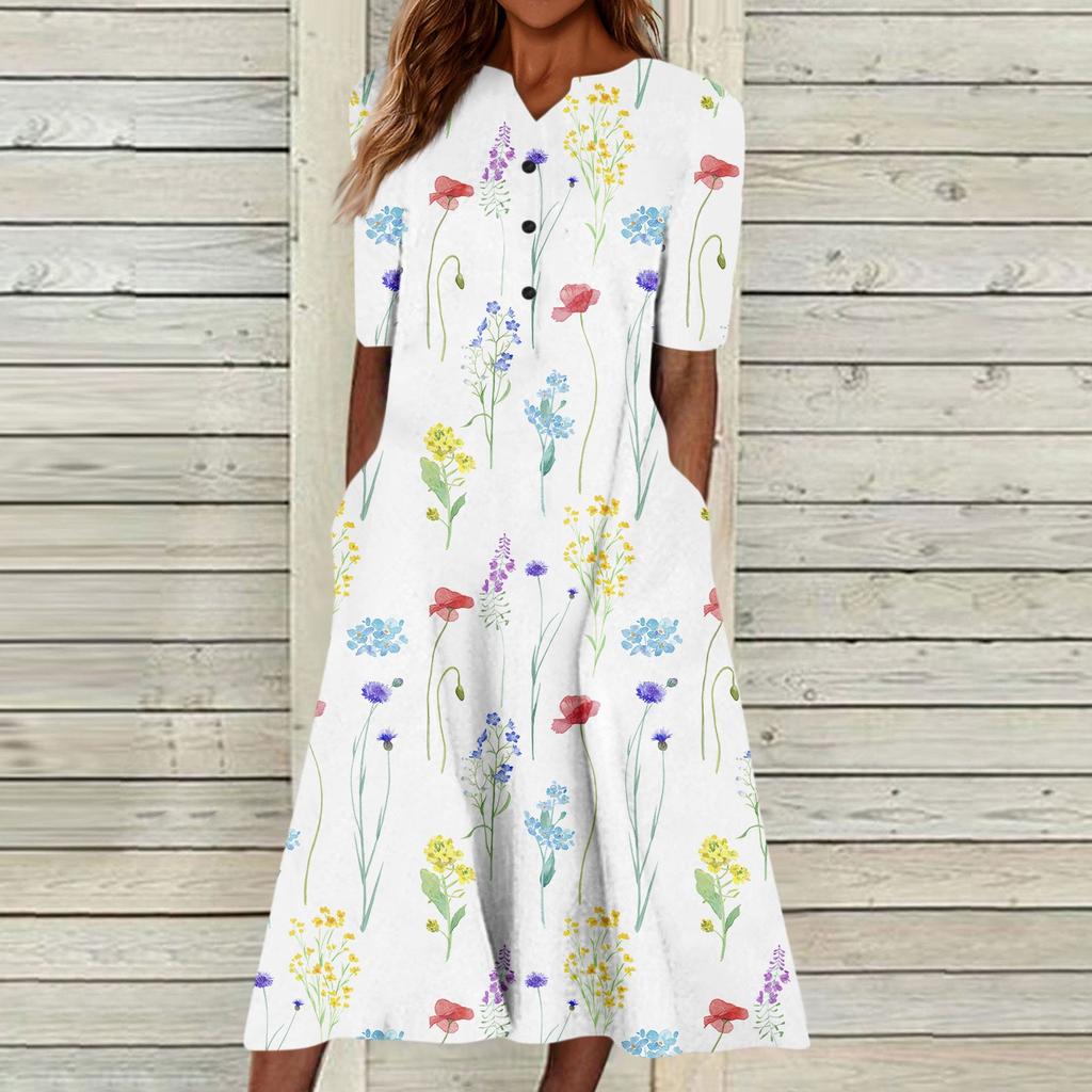 Women's Summer Casual Fashion Floral Printed Short Sleeve Button Pocket Dress