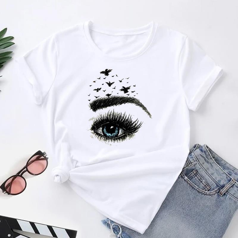 (Азиатский размер) Женская футболка с принтом ресниц, милый тренд, милый топ в стиле 90-х, модная футболка, женская одежда, футболки с короткими рукавами и графикой