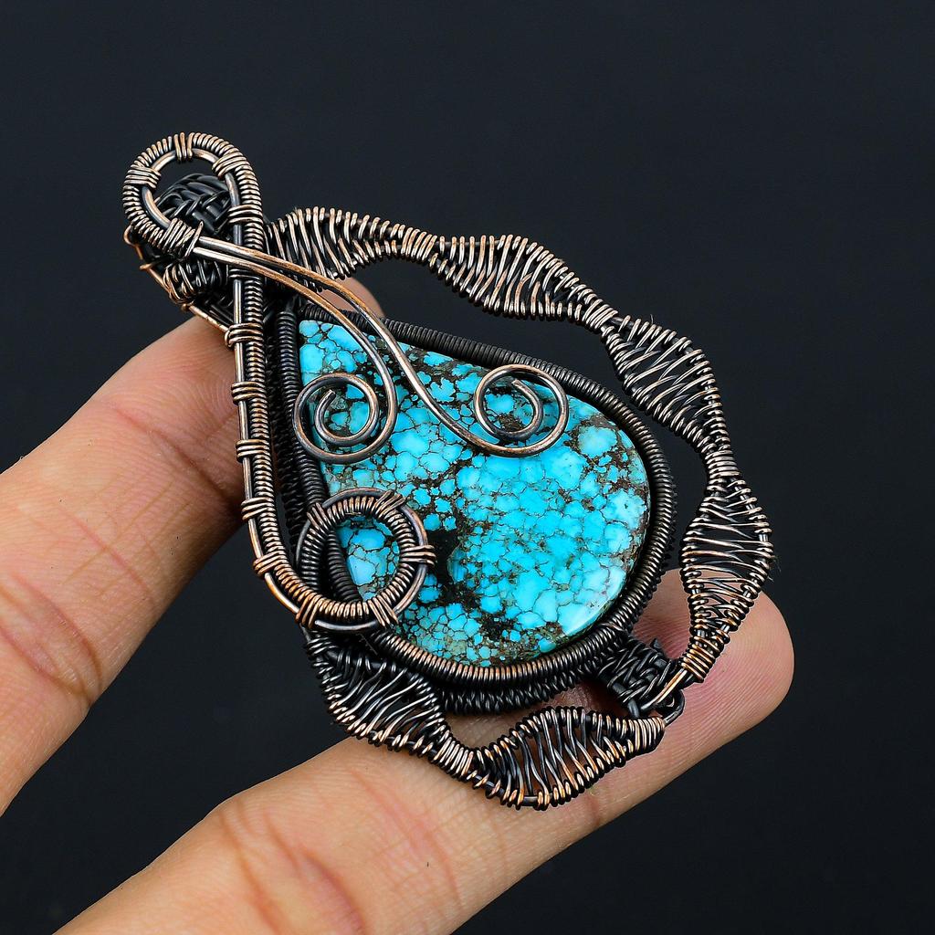 Tibetan Turquoise Gemstone Copper Wire Wrap Handmade Pendant Jewelry Gift For Her