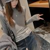 Soft Fleece-Lined Round Neck Long Sleeve Tee Women Slim Fit Korean Style Base Layer Top Fall Winter