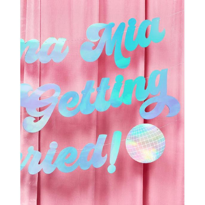 xo, Fetti Mamma Mia She's Getting Married Banner - Blue Iridescent Foil, 5 Ft. | Disco Bachelorette Decorations, 70s Backdrop, Groovy Bach Party,