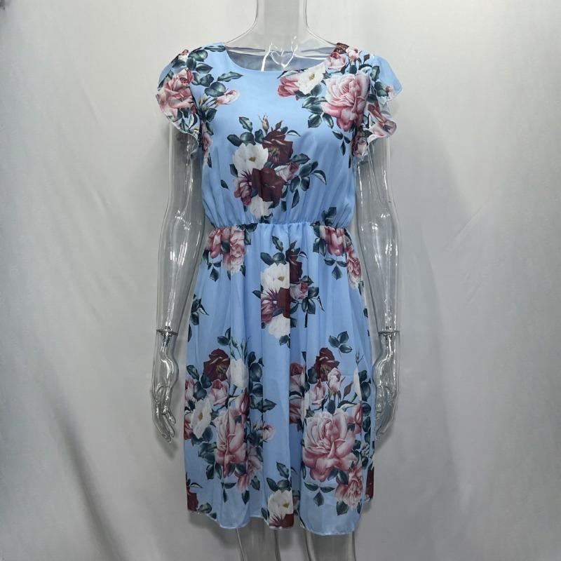 IHUASU Summer Holiday Style Ruffle Short Sleeve Chiffon Printed Rose Dress