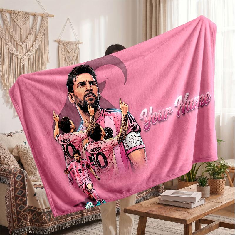 Lionel Messi Personalized Fleece Blanket With Football Logo, Custom Name Text Soft Warm Home Throw Blanket