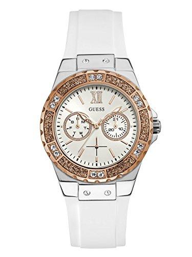 Женские часы GUESS из нержавеющей стали + износостойкого силикона с функциями дня недели + даты (Белый/Серебряный/Розовое золото)