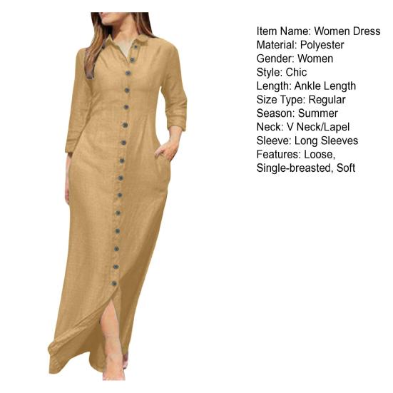 Spring Summer Women Dress Loose Pure Color Single-breasted Side Pockets Lapel V Neck Long Sleeves Split Hem Soft Breathable Casual Ankle Length