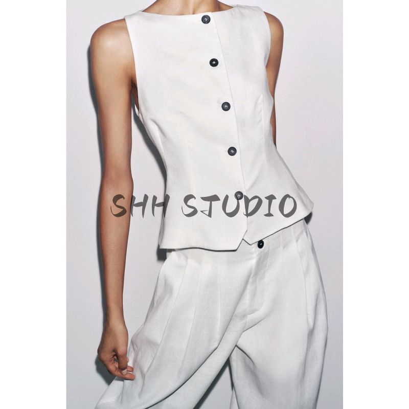 Linen Blended Cropped Short Skirt Hem Vest 3748330 Pleated Mid-Waist Wide Faded Pants 3218330