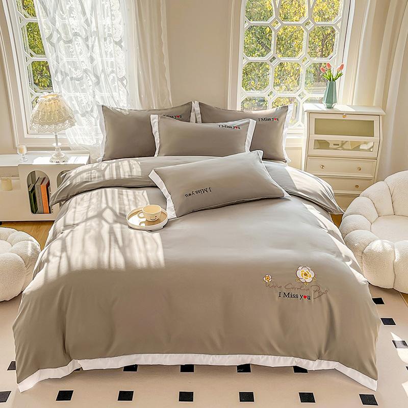 Ins Korean Version of Washed Cotton Bedding Four-piece Set Bed Sheet Quilt Cover Embroidery Dormitory Bedding Three-piece Set