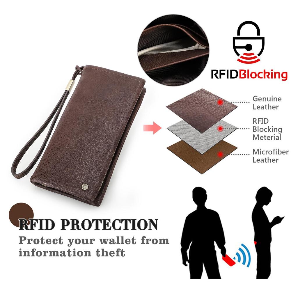 Genuine Leather Men's Long Wallet Male Clutch Purses RFID Wallets Zipper Large Capacity Card Holder