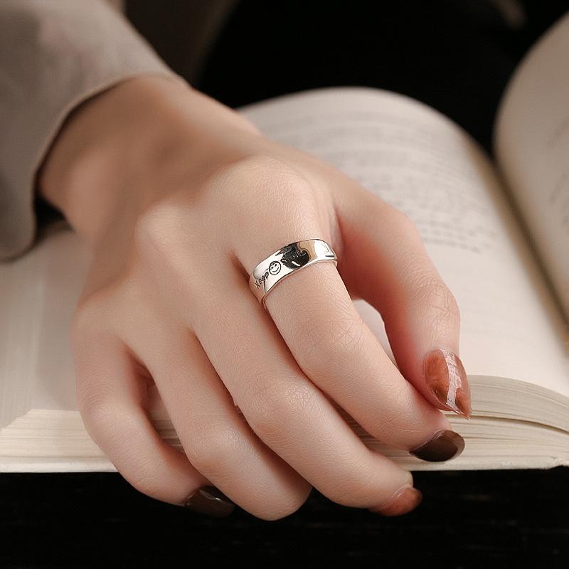 S925 Sterling Silver English Smils Ring Japanese and Korean Style INS Light Luxury Texture Cold Wind Index Finger Ring Female