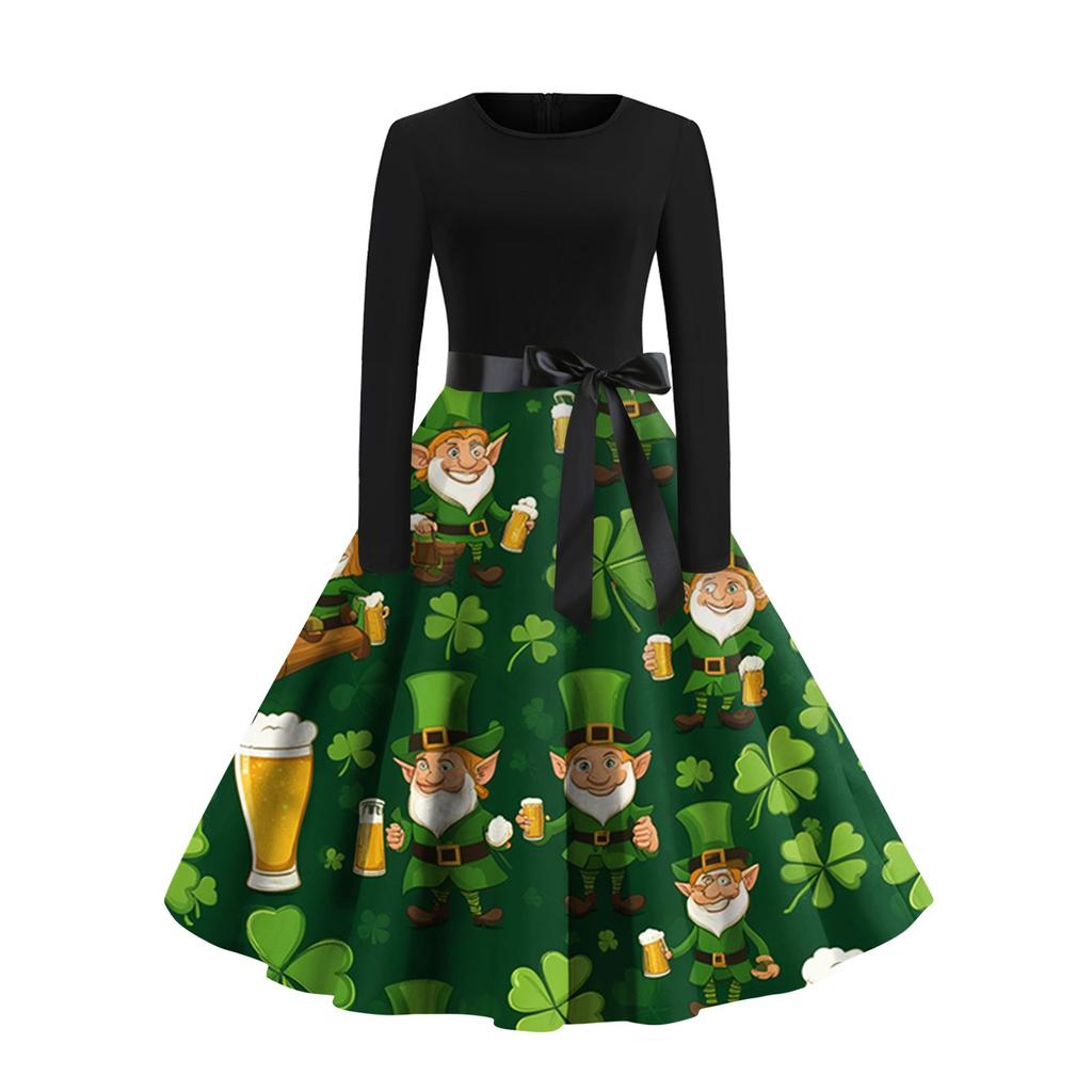 Women's Vintage Classic Dress Long Sleeve Valentine's Day Print Round Neck Swing Dress