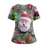 Women's Christmas Print V-Neck Double Pocket Short Sleeves Hem Slit Uniform And Caregiver Top