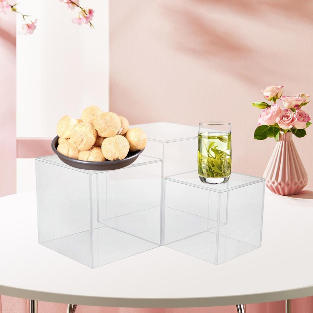 Set of 3 Acrylic Cube Stand Nesting Risers Versatile 4" 5" 6" Cubes with Hollow Bottom for Photography Accessory Lightweight