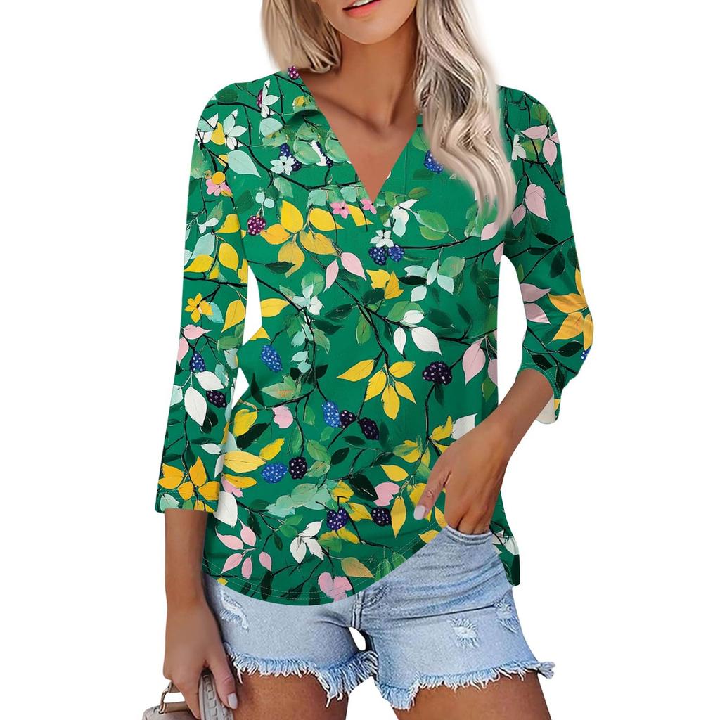 Женская летняя модная повседневная рубашка с v-образным вырезом и семью рукавами с принтом, топ