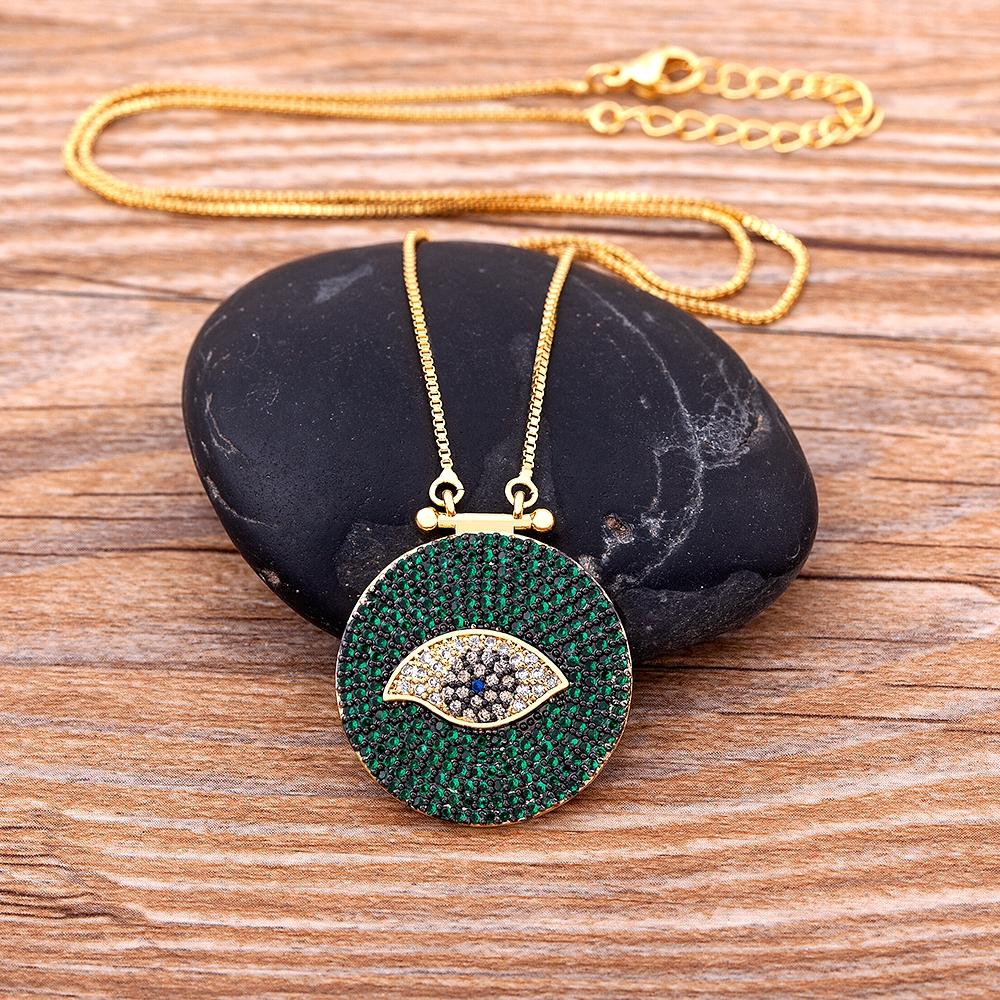 Classic Round Shape Cubic Zirconia Evil Eye Pendant Green/Purple Color Lucky Turkish CZ Necklace Copper Link Chain Jewelry Gift