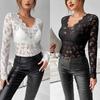 Elegant V-neck, Scalloped Neckline, Single-layer Solid Lace Long-sleeved T-shirt, Slim Fit Slim Slim Top for Women