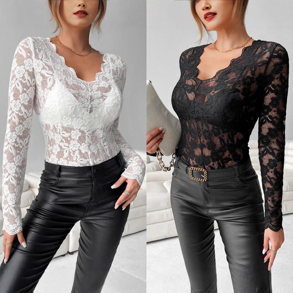 Women's Elegant V-neck Scalloped Collar Edge Single Layer Solid Colour Lace Long-sleeved Slim Thin T-shirt