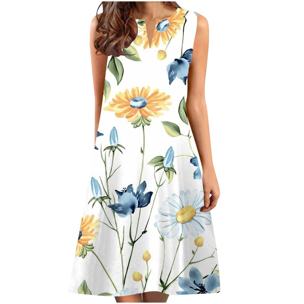 Модные женские платья-туники с v-образным вырезом и цветочным принтом без рукавов, платье-футболка больших размеров