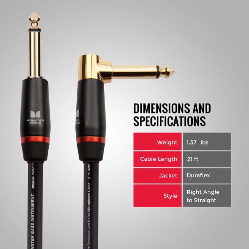 MONSTER CABLE BASS2-21A 21ft Straight XL Plug (M) for Bass Guitar, 600551