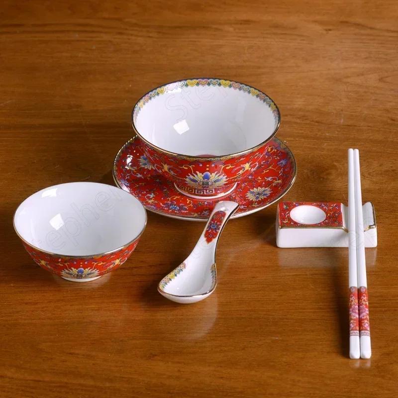 Эмалированный красный керамический обеденный сервиз Тарелки и блюда Китайские старинные тарелки и миски Бытовая посуда Поднос для сервировки столовой