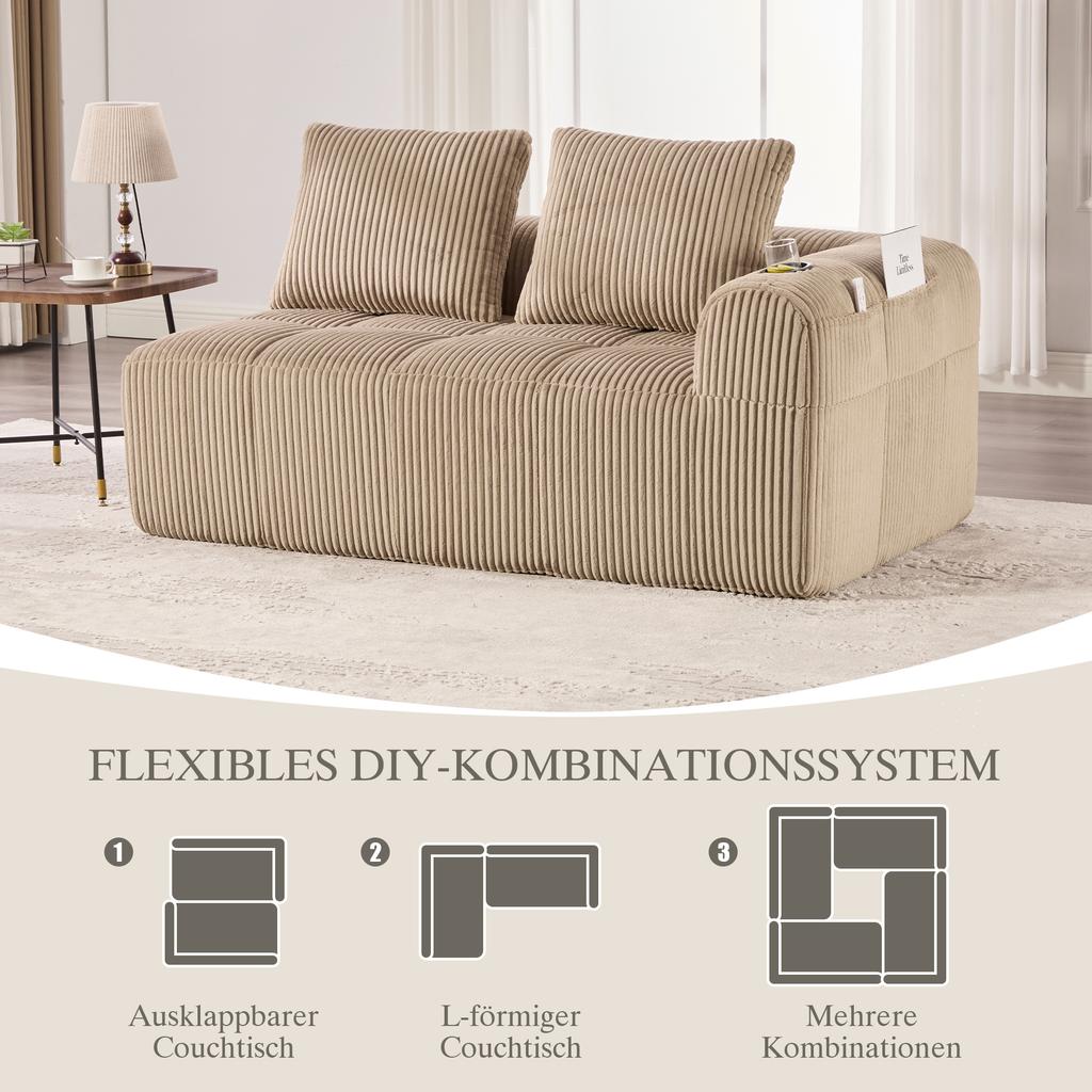 Cozy Corduroy Two-Seater Sofa – No Assembly, Soft Back Cushions, Side Storage Pocket for Remote Control and Phone, Cup Holder – Neat and Aesthetic.