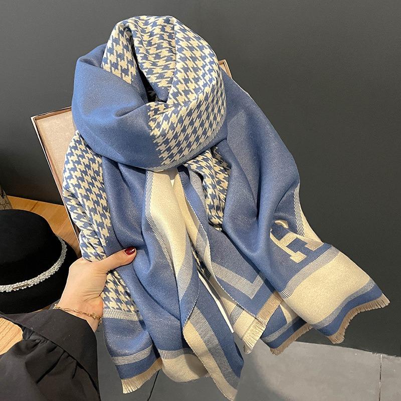Classic Fashion Letter Thousand Birds Grid Imitation Cashmere Scarf Women's Winter Thickened Double Sided Air Conditioning Shawl Scarf Women's
