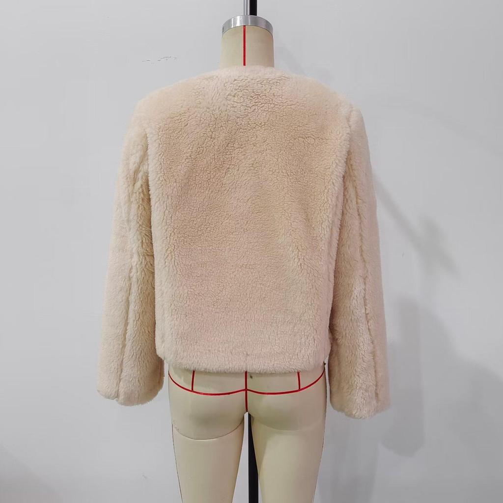 European & American Fashion Women's Fleece Jacket 2025 - Winter/Spring, Casual, Wide Pocket, Buckle Decor, X924003