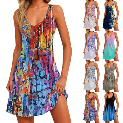 Женский повседневный сарафан с карманами, летнее пляжное платье в стиле бохо, блузки с цветочным принтом для женщин, футболки, платье с v-образным вырезом, свободные платья-майки