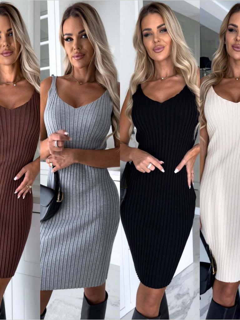 V Neck Solid Color Strap Dress Waist Hugging Elegant Rib Bodycon Dress for Women Sleeveless Loose Dresses Causal Long Sleeve Tops Dress Suits