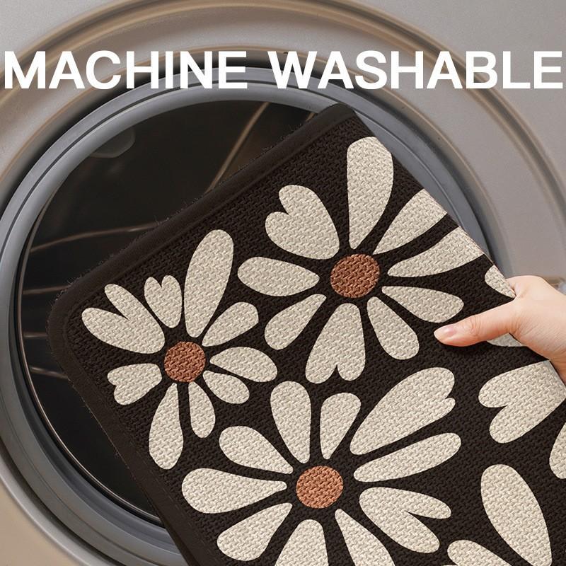 Linen Bath Mat Non-Slip Daisy Print - Quick Dry Absorbent Bathroom Rug with Rubber Backing, Machine Washable & Breathable Design