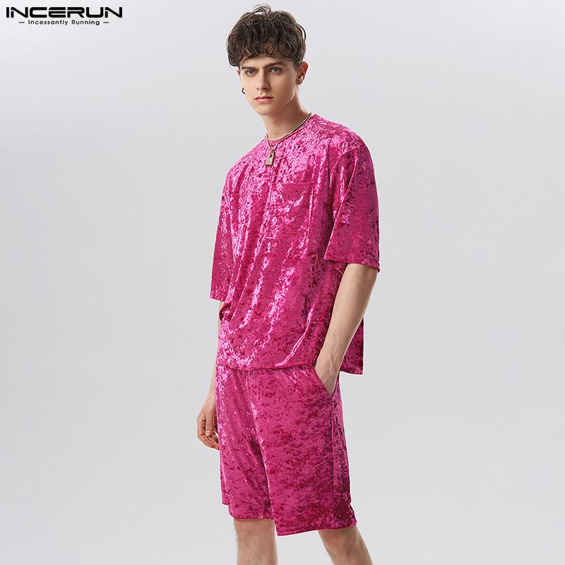 INCERUN Мужские комплекты из 2 предметов Pleuche с короткими рукавами, футболки и шорты, одежда для отдыха, свободный костюм
