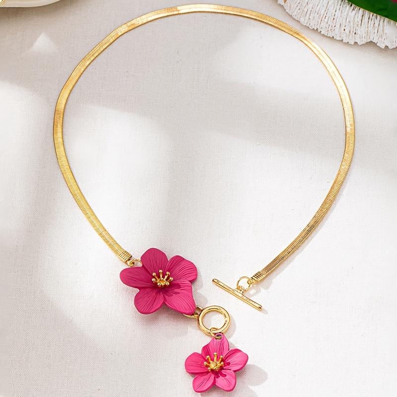 Women's Golden-Tone Double White Floral Pendant Necklace - Elegant Minimalist Chain Jewelry for Daily Wear & Parties, Versatile Year-Round Accessory,