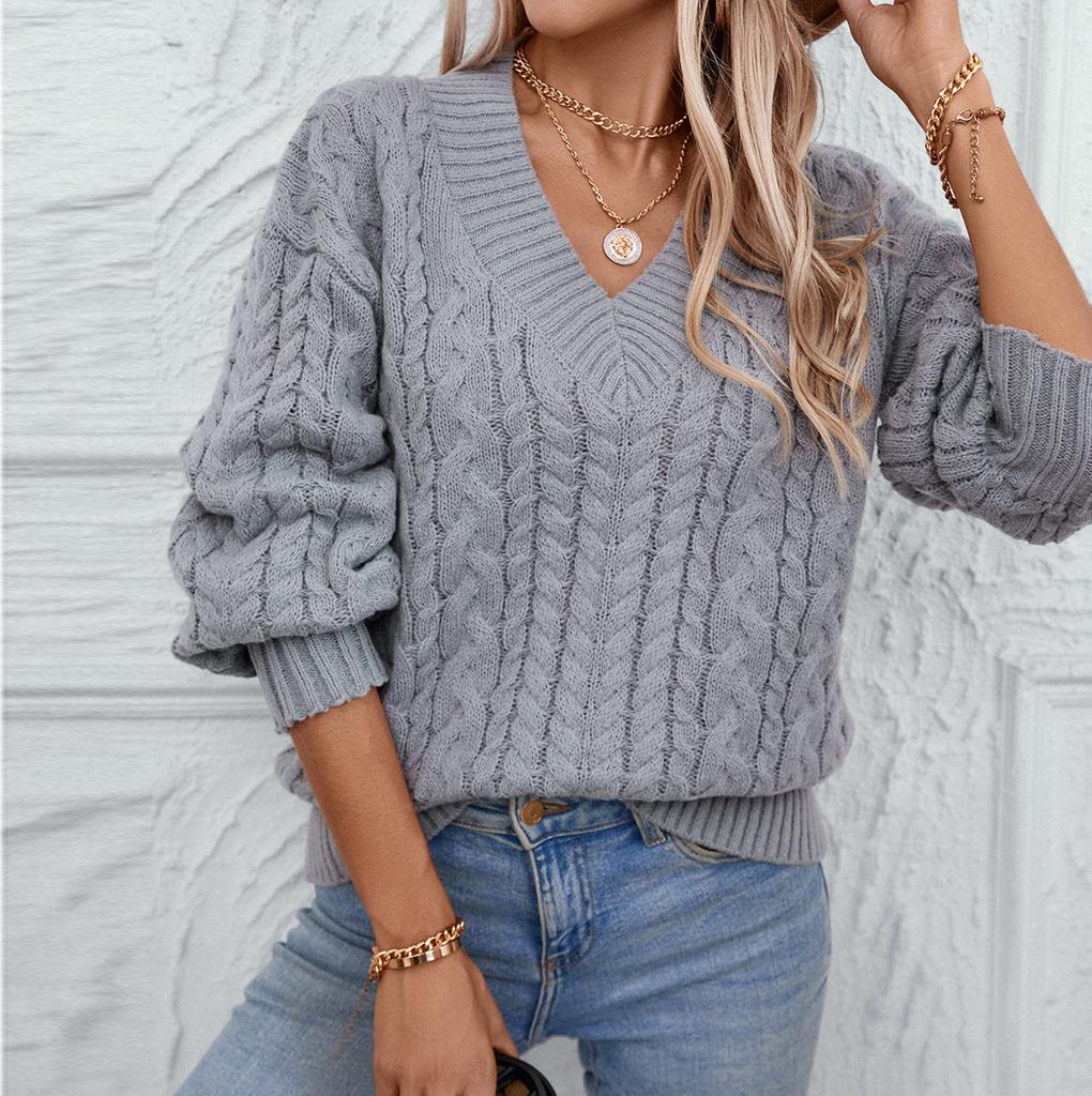 Women's Fashion Casual Loose Solid Color Pullover Retro Cable V-Neck Long Sleeve Knit Sweater