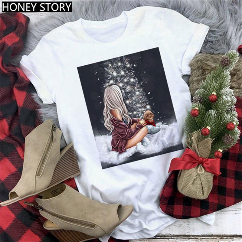 Kawaii Cartoon Merry Christmas Tree Graphics Women T-Shirts 90S Summer Short Sleeves Loose Round Neck Female Y2K Tops