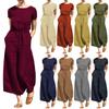 Women's Fashion Loose Casual Solid Color  Linen Short Sleeve Temperament Wide-leg Long Jumpsuit Linen Pants For Women Belt Included