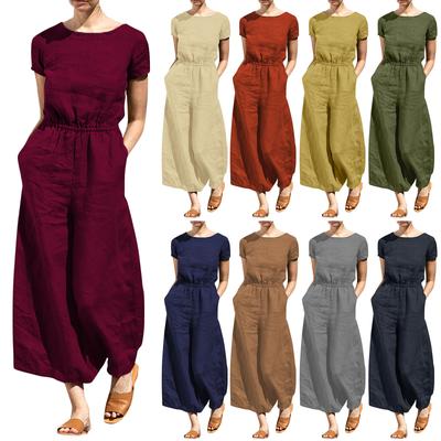 Женский модный свободный повседневный однотонный льняной комбинезон с коротким рукавом, темпераментный длинный комбинезон с широкими штанинами, льняные брюки для женщин, ремень в комплекте
