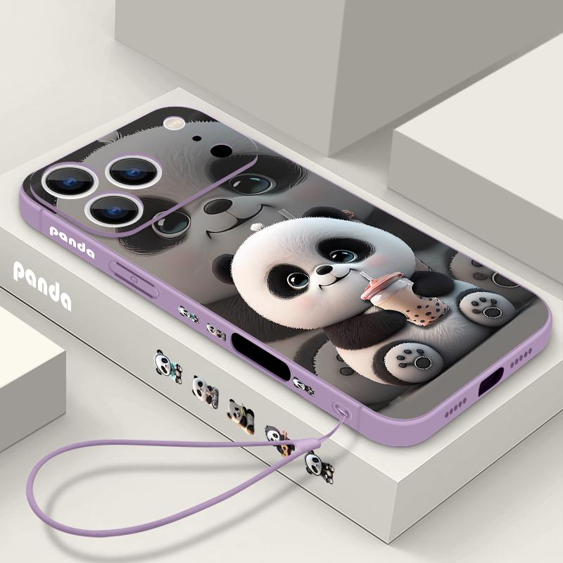 Чехол для iPhone 17 Pro Max с Пандой, пьющей молочный чай, с мягким силиконовым ремешком-шнурком, Чехол для iPhone 16 Pro Max, Чехол iPhone 15 14 13 12 11 16E Air