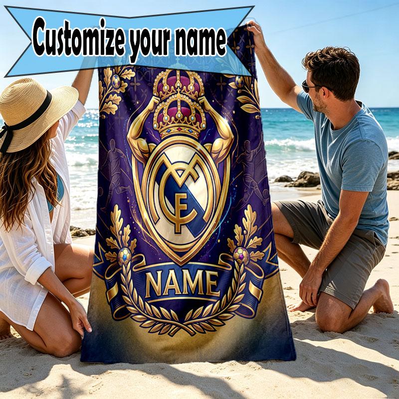 Custom Name Personalized Real Madrid CF Print Beach Towel, for Trip Camping Beach Party Home Decor, Birthday Gift for Family & Friends