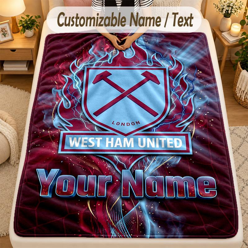 Flannel BlanketWest Ham United FC Custom Name Text Personalized Soft Warm Throw Blanket Home Decor Gift