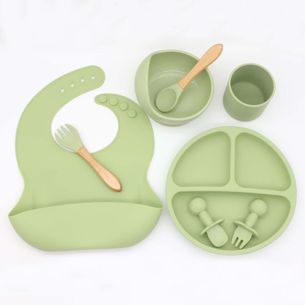 8 шт./компл., набор детской силиконовой посуды, посуда для кормления детей, миска без BPA, тарелка, нагрудники, наборы ложек и вилок, детская нескользящая посуда